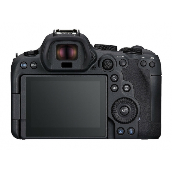 Zawartość zestawu Canon EOS R6 Mark II: ładowarka, bateria, korpus i pasek