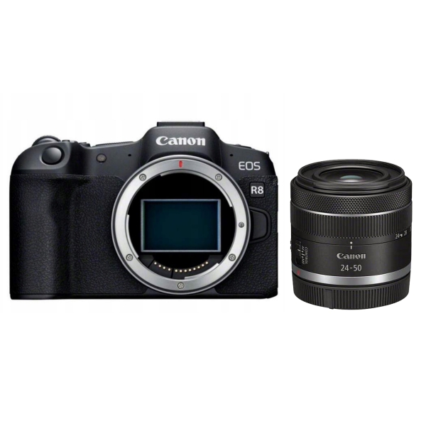 Canon EOS R8 + RF 24-50mm F4.5-6.3 IS STM – widok frontowy w kolorze czarnym
