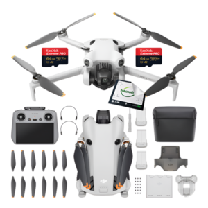 DJI Mini 4 Pro (RC-2) Fly More Combo + 2x Karta 64GB – widok frontowy w kolorze szarym