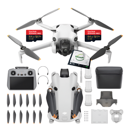 DJI Mini 4 Pro (RC-2) Fly More Combo + 2x Karta 64GB – widok frontowy w kolorze szarym