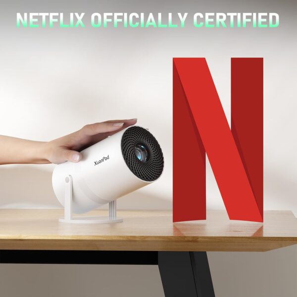[Official Netflix & 16000L Electric Focus] Mini Projector – WiFi & Bluetooth, XuanPad 1080P Supported, Portable Projector with 210° Rotatable Stand, Auto Keystone, Dust Removal & Cooling Design