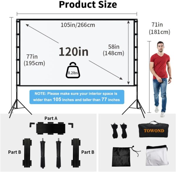 Ekran Projekcyjny TOWOND 120 cali ze Statywem – Przenośny, 16:9, 4K HD, Antyzmarszczkowy, Torba w Zestawie