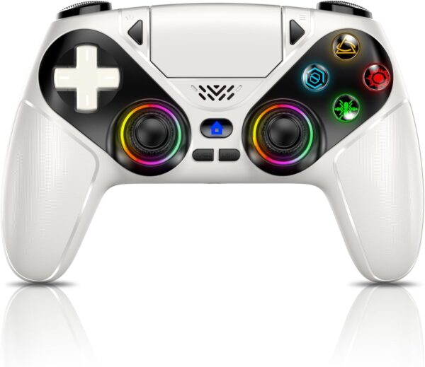 RGB Wireless Controller for PS5, Compatible with PS5 Pro/Slim/PC, Bluetooth Gamepad with Back Paddles, LED Lighting, Marco, Turbo, Dual Vibration, 6-Axis Sensor, 3.5mm Audio Jack, Touchpad - White