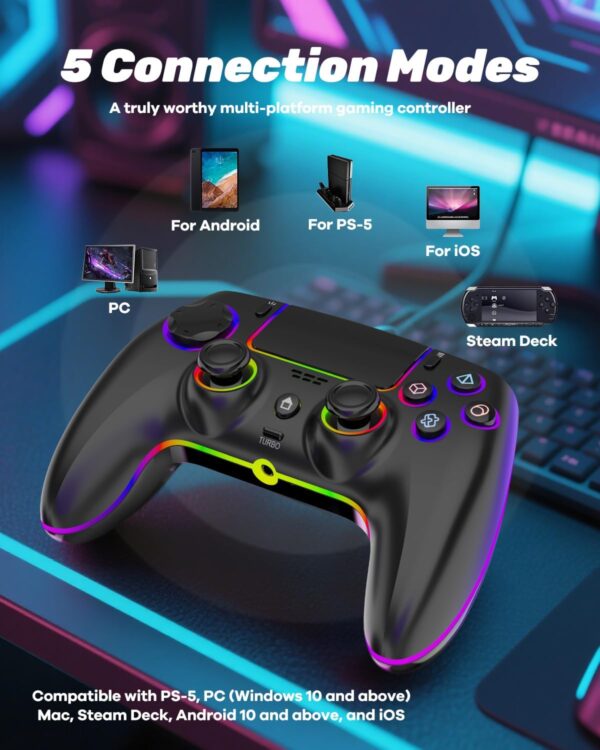 719H2iK5sL._AC_SL1500_ Wireless Pro Controller For PS-5/PC/MAC/iOS/Android/Steam Deck, Gamepad with 7 Variable Color RGB Lights/Hall Effect Joystick/Dual Vibration/Turbo/Programmable/Headset Jack/Touchpad/1500 mAh Battery