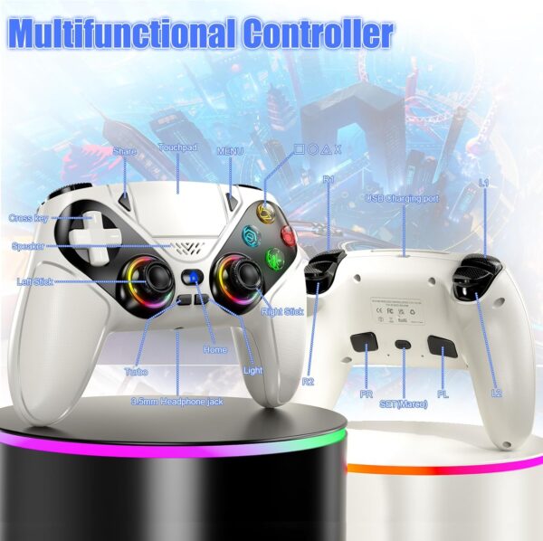 RGB Wireless Controller for PS5, Compatible with PS5 Pro/Slim/PC, Bluetooth Gamepad with Back Paddles, LED Lighting, Marco, Turbo, Dual Vibration, 6-Axis Sensor, 3.5mm Audio Jack, Touchpad - White