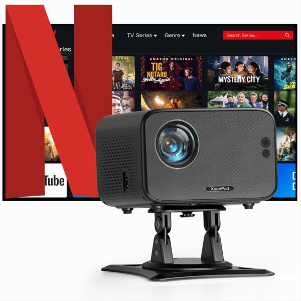 [Official Netflix & 16000L Electric Focus] Mini Projector – WiFi & Bluetooth, XuanPad 1080P Supported, Portable Projector with 210° Rotatable Stand, Auto Keystone, Dust Removal & Cooling Design